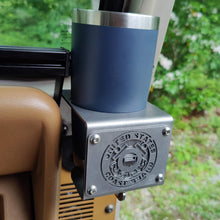 Cargar imagen en el visor de la galería, Metal cup holder with USCG logo mounted to dash of Jeep Wrangler YJ