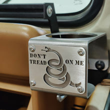Carica l'immagine nel visualizzatore di Gallery, Steel cup holder with "Don't Tread On Me" logo design inside Jeep YJ