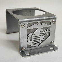 Load image into Gallery viewer, Metal cup holder with USMC logo in rear of Jeep Wrangler YJ