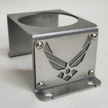 Cargar imagen en el visor de la galería, Steel cup holder with US Air Force logo in rear of Jeep YJ