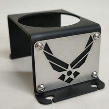 Cargar imagen en el visor de la galería, Steel cup holder with US Air Force logo in rear of Jeep YJ