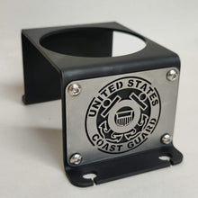 Load image into Gallery viewer, Steel cup holder with US Coast Guard logo in rear of Jeep Wrangler YJ