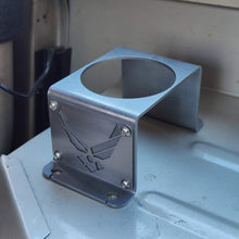 Cargar imagen en el visor de la galería, Steel cup holder with US Air Force logo in rear of Jeep YJ