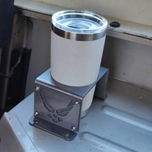 Cargar imagen en el visor de la galería, Steel cup holder with US Air Force logo in rear of Jeep YJ