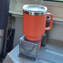 Cargar imagen en el visor de la galería, Steel cup holder with US Air Force logo in rear of Jeep YJ