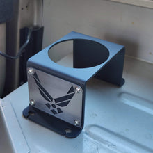 Cargar imagen en el visor de la galería, Steel cup holder with US Air Force logo in rear of Jeep YJ
