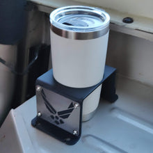 Cargar imagen en el visor de la galería, Steel cup holder with US Air Force logo in rear of Jeep YJ