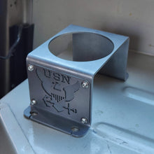 Load image into Gallery viewer, Metal cup holder with USN logo in rear of Jeep Wrangler YJ