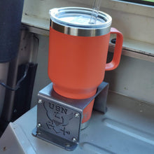Load image into Gallery viewer, Metal cup holder with USN logo in rear of Jeep Wrangler YJ