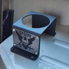 Load image into Gallery viewer, Metal cup holder with USN logo in rear of Jeep Wrangler YJ