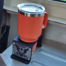 Load image into Gallery viewer, Metal cup holder with USN logo in rear of Jeep Wrangler YJ