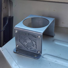 Load image into Gallery viewer, Metal cup holder with USMC logo in rear of Jeep Wrangler YJ