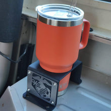 Load image into Gallery viewer, Metal cup holder with USMC logo in rear of Jeep Wrangler YJ
