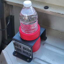 Cargar imagen en el visor de la galería, Metal cup holder mounted in rear of Jeep YJ  with text logo "But Did You Die?"