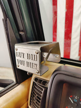 Cargar imagen en el visor de la galería, Metal made in the USA cup holder with "But Did You Die?" logo installed in Jeep TJ