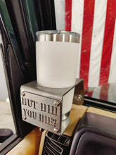 Cargar imagen en el visor de la galería, Metal made in the USA cup holder with "But Did You Die?" logo installed in Jeep TJ