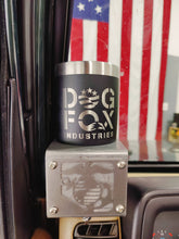 Cargar imagen en el visor de la galería, Black travel mug with Dog Fox Industries logo inside metal cup holder that has USMC logo mounted on drivers side of TJ Jeep Wrangler