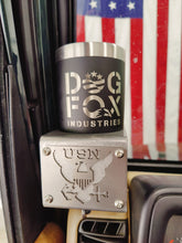 Cargar imagen en el visor de la galería, A metal cup holder with a US Navy emblem, mounted in a TJ Jepp, with an American flag in the background.