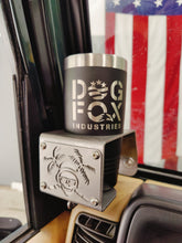 Carica l'immagine nel visualizzatore di Gallery, A steel cup holder with a skull and palm design, mounted on a vehicle's dashboard, with a logo that reads 'DOG FOX INDUSTRIES'.