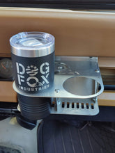 Load image into Gallery viewer, Black mug tumbler with Dog Fox Industries logo inside stainless steel metal cup holder mounted inside Jeep YJ