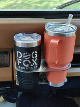 Load image into Gallery viewer, Pink yeti tumbler and black travel mug with Dog Fox Industries logo inside stainless steel metal cup holder mounted inside Jeep YJ